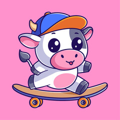 Cute cow playing skateboard and wearing a blue hat