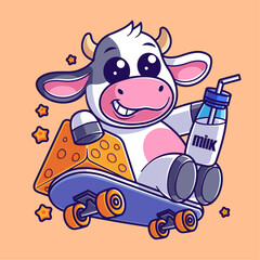 Cute cow skateboarding and carrying milk and cheese