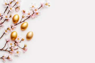 Obraz na płótnie Canvas Happy Easter. Golden Easter eggs with cherry blossom branches on a white background. Flat lay, copy space. Greeting card or banner