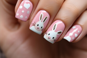 Woman's fingernails with seasonal Easter nail art design with cute bunnies