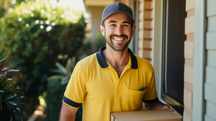 A smiling delivery man in a yellow uniform holds a package, ready to deliver it to a house trees and a porch visible in the background - obrazy, fototapety, plakaty