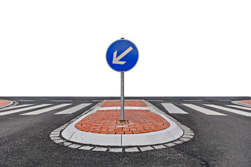 View of a Roundabout on a Road with traffic island, isolated on white