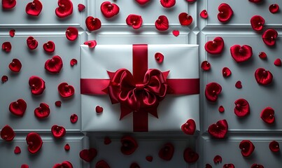 Minimalist White Gift Box with Red Hearts and Silk Ribbon Generative AI