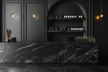 Elegant black marble countertop against a sleek black wall Offering a sophisticated and minimalist backdrop for product displays