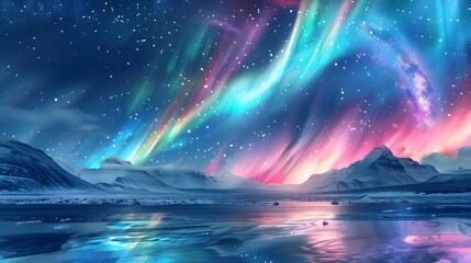 Obraz premium Beautiful Aurora northern lights of the polar night, Northern Lights mesmerizing allure, Vibrant celestial colors dance across the night sky