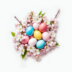 Easter holiday background,composition of colored eggs and cherry blossoms on a white background,Flat lay, copy space