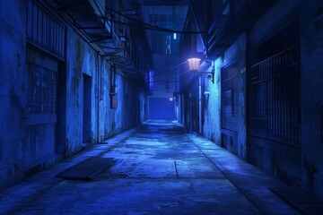 Empty Atmospheric street at night with dark blue tones and neon lighting. mysterious and urban theme - obrazy, fototapety, plakaty