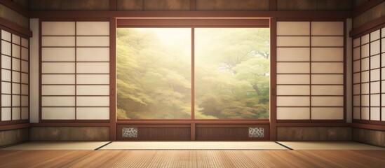 A spacious room with wooden floors and a large window letting in natural light. The Japanese-style door adds a touch of elegance to the simple yet inviting space.