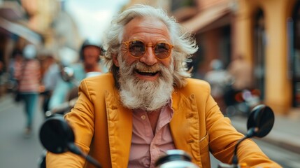 Elderly man with a long white beard riding a motorcycle