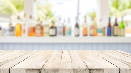 a wooden table top in front of a window with bottles of alcohol in the backgroung of the room.