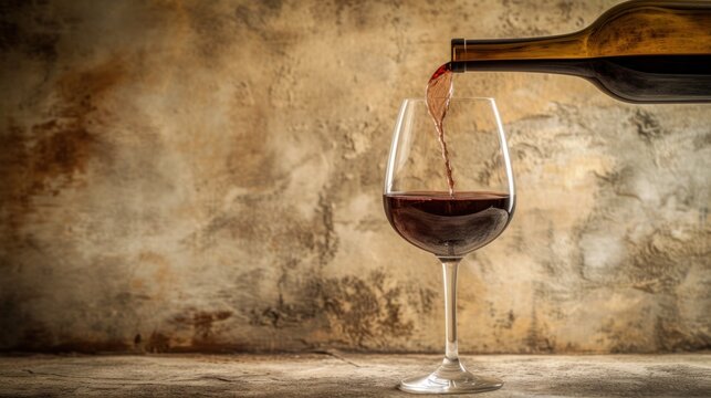 a glass of red wine being poured into a wine glass with a bottle of wine in front of a grungy wall.