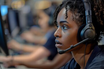 Focused call center agent wearing a headset Deeply engaged in providing customer support Reflecting professionalism and dedication in a fast-paced environment