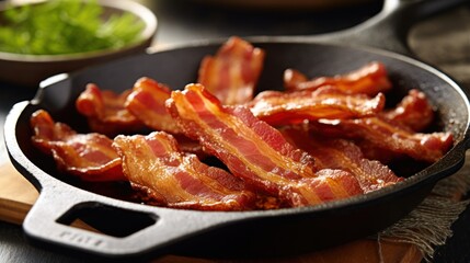 A pan filled with sizzling bacon strips placed on top of a wooden table - obrazy, fototapety, plakaty
