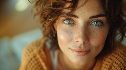 Woman with blue eyes in a warm-toned setting