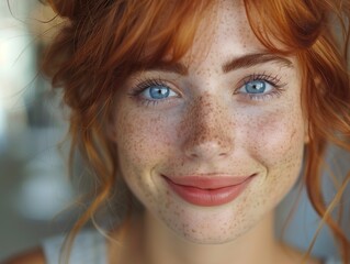 A woman with freckled hair up close