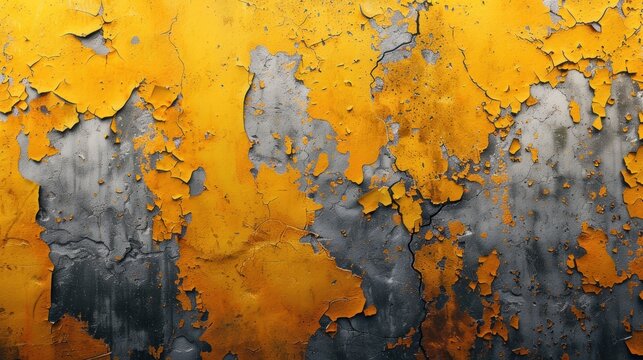 A wall with yellow and gray paint peeling off