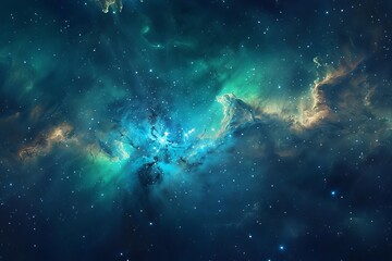 Galaxy nebula with vibrant blue and green hues Interstellar cloud - obrazy, fototapety, plakaty