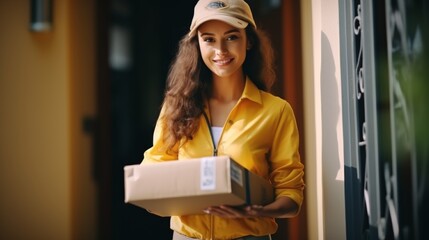 A smiling female delivery worker in a yellow uniform holds a parcel, ready to deliver it. Green foliage and urban apartments in the background create a friendly atmosphere