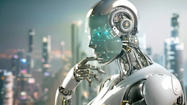 Futuristic cyborg with skyline of city skyscraper in background. Artistic representation from human and machine in a world where technology and urbanity are inseparably intertwined