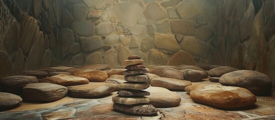 A collection of rocks stacked haphazardly in the center of a dark tunnel, creating an obstacle in the path. - obrazy, fototapety, plakaty