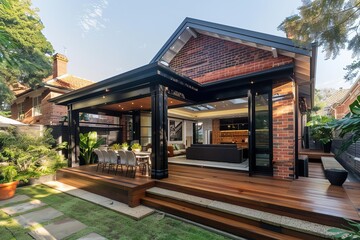 Home renovation showing a modern extension with a deck Patio And courtyard area. home improvement and architectural design