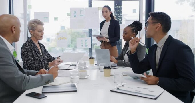 Business woman, presentation and team in meeting for statistics, data analytics or financial report on glass board. Analyst speaking, support and documents for proposal with people writing ideas