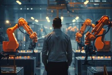 Fototapeta premium Industrial scene showing a manager overseeing automated machinery Emphasizing the integration of robotics in manufacturing efficiency