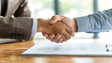 Business finance concept, teamwork and partnership asian businessman customer and salesman discussing client, hand sign sales contract with document at desk office. Lawyers working together at meeting