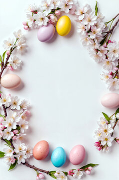 Easter holiday frame, colorful eggs and cherry blossom branches on a white background,Flat lay, copy space