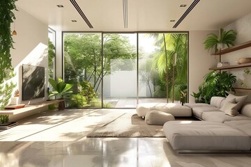 Modern minimalist living room with natural light and greenery