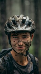 Fototapeta premium Iconic portrait of a smiling young motorcyclist with a face covered in mud on a rainy day. Biker portrait that captures the essence of off-road passion and freedom.