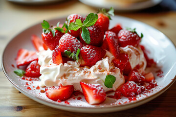 A plate of Eton mess, a dessert made from strawberries, whipped cream, and meringue