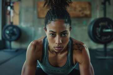 Portrait of a focused woman exercising in a gym Highlighting dedication and the pursuit of health and fitness goals.