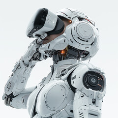 Fototapeta premium Fictional portrait humanoid robot on white background. Cyborg woman's head entangled in network of wires, sensors and electronic impulses. Artificial intelligence, science fiction.