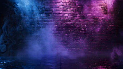 Brick wall texture pattern, blue, and purple background, an empty dark scene, laser beams, neon, spotlights reflection on the floor, and a studio room with smoke floating up for display products.