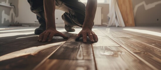 installing wood flooring in an empty room - obrazy, fototapety, plakaty