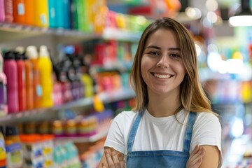 Smiling young saleswoman at a retail store Offering friendly customer service Standing in front of a colorful display of products - obrazy, fototapety, plakaty