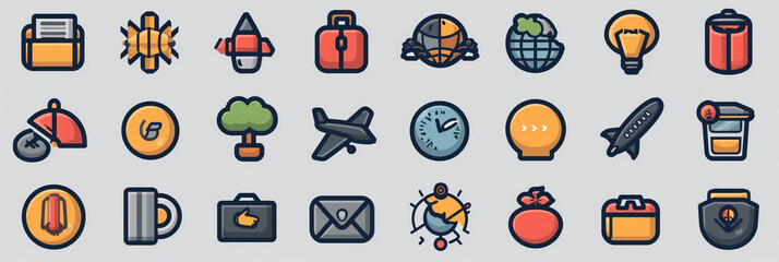 Fototapeta premium Set of Icons with White Background for Various Areas. IT, Vehicles, Real Estate, Nature, Food, Drinks, Electronics, 3D Objects, Medicine, Social Networks.