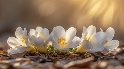 a group of white flowers sitting on top of a pile of leaves on top of a pile of brown leaves.