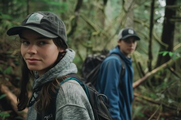 Obraz premium Teenagers embarking on an adventurous hike through the wilderness Bonding over their shared love for nature and exploration