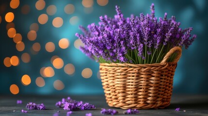 a basket filled with purple flowers sitting on top of a table next to a blue and orange boke of lights.