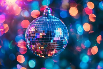 Vibrant disco ball casting colorful lights Creating an energetic and lively atmosphere for dance and celebration