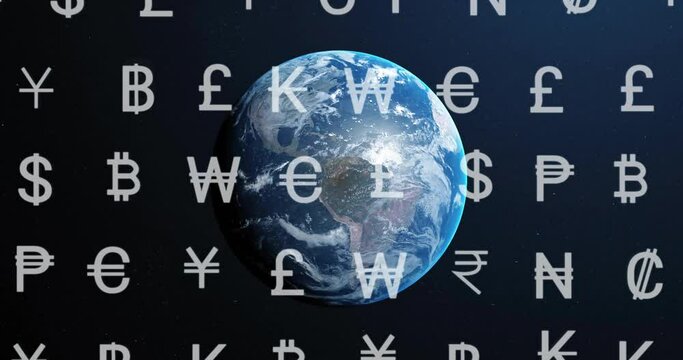 Animation of currency symbols and financial data processing over globe