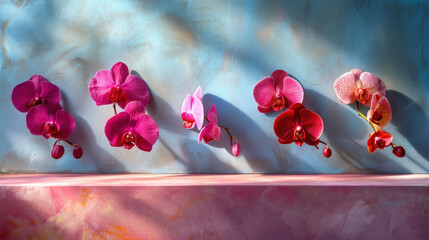 a row of pink flowers sitting on top of a pink table next to a blue wall with a shadow cast on it.