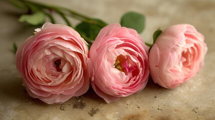 a group of three pink flowers sitting on top of a piece of paper next to a green leafy plant.
