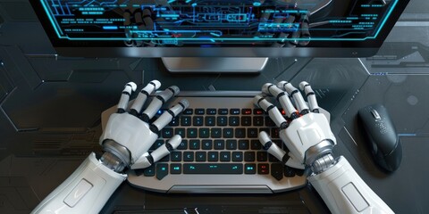Futuristic AI robot hands typing on a computer