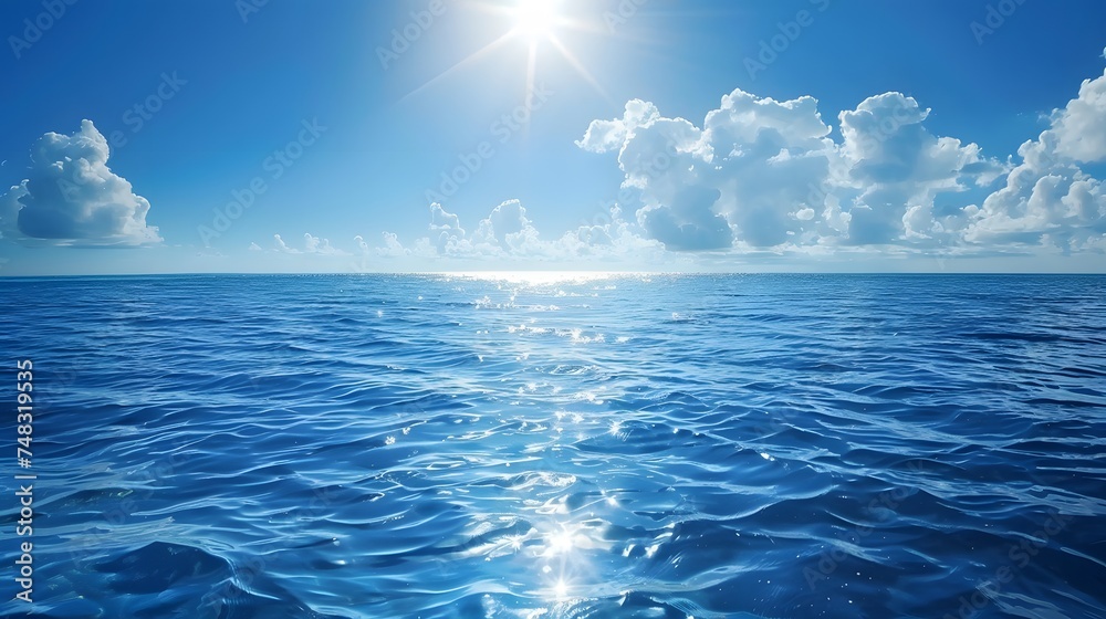 Wall mural Tranquil sea water surface on a sunny day, Underwater sea in sunlight, tropical blue ocean underwater background