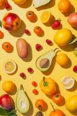 A colorful assortment of fresh fruits meticulously arranged on a bright yellow backdrop for a refreshing visual. Pattern of citrus, berries and apples against bright yellow background.