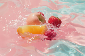 Fototapeta premium Vibrant fruits creating a splash in a pool of pink liquid, symbolizing freshness and vitality. Apples, strawberries and raspberries in water.