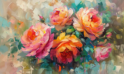 abstract colorful oil painting of vibrant flowers in bloom